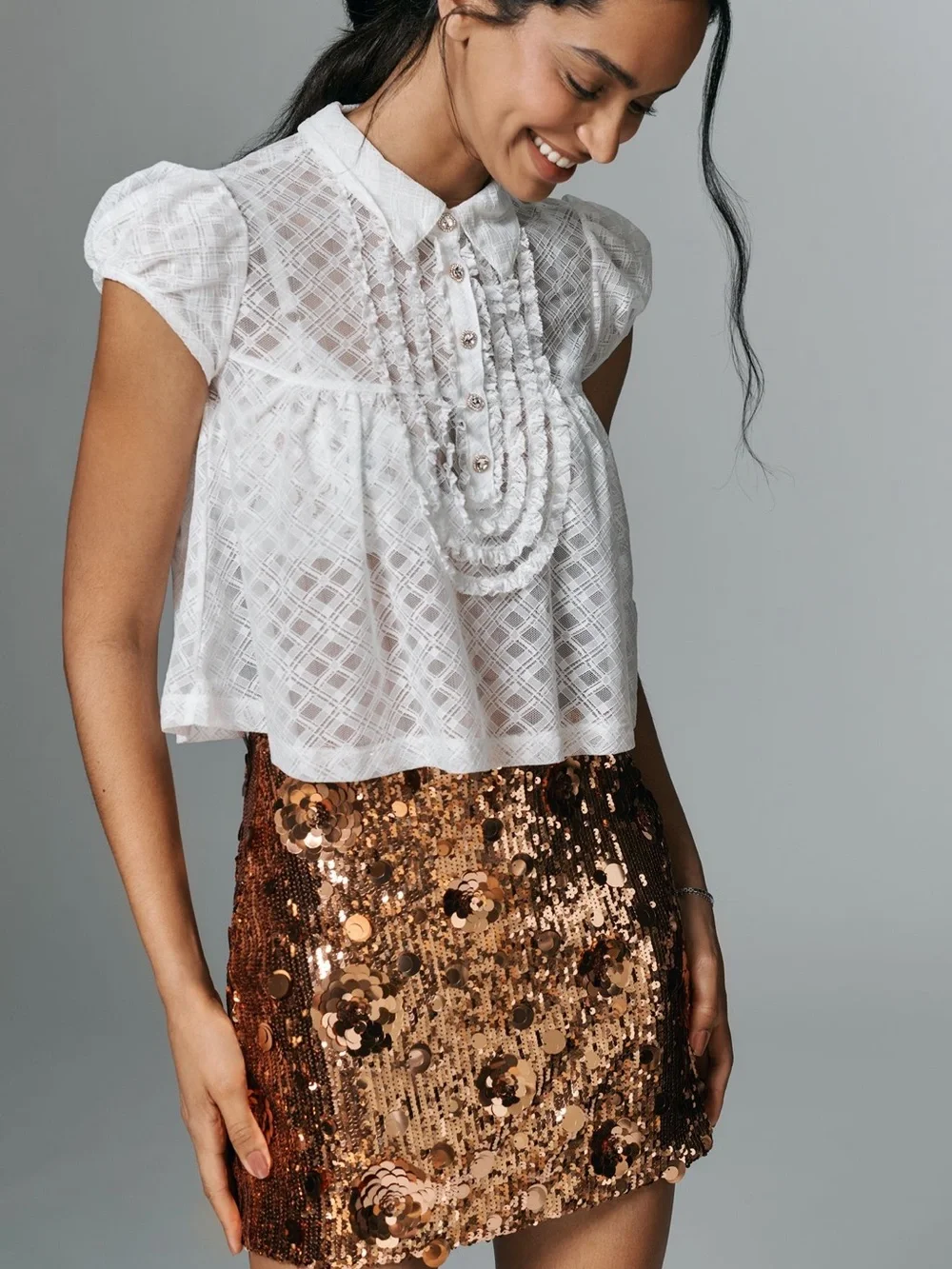 *Anthropologie Maeve White Puff-Sleeve Cropped Swing Top